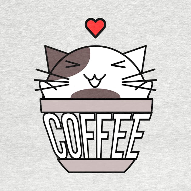 Happy cat in coffee cup with warped text heart on head brown by coffeewithkitty